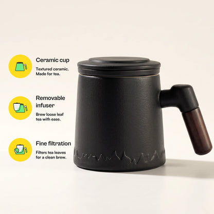 Everest ceramic tea infuser mug, Noir Black, with feature callouts