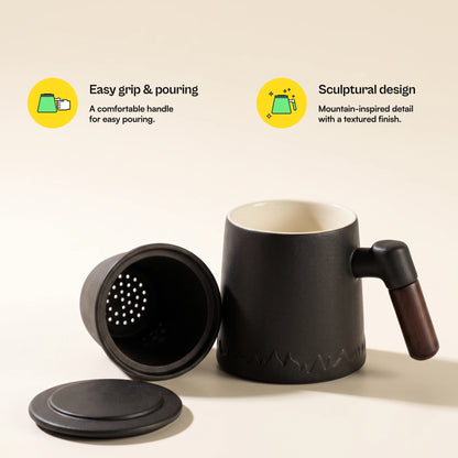 Everest ceramic tea infuser mug, Noir Black, with infuser and lid removed, with more feature callouts