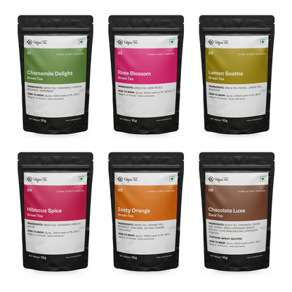 The six 10g pouches inside the Floral & Fruit Tea Sampler Pack