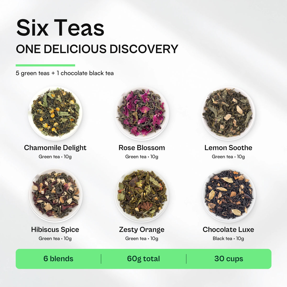 What's inside the Floral & Fruit Tea Sampler Pack: Chamomile Delight, Rose Blossom, Lemon Soothe, Hibiscus Spice, Zesty Orange and Chocolate Luxe