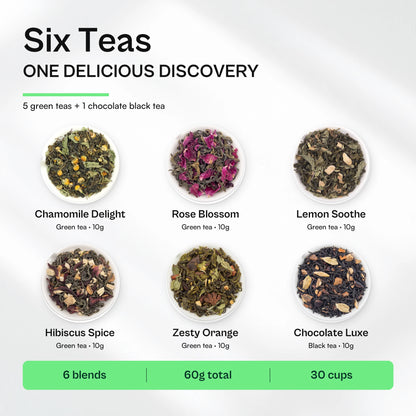 What's inside the Floral & Fruit Tea Sampler Pack: Chamomile Delight, Rose Blossom, Lemon Soothe, Hibiscus Spice, Zesty Orange and Chocolate Luxe