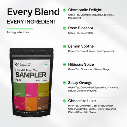 Ingredients of each of the six blends in the Floral & Fruit Tea Sampler Pack
