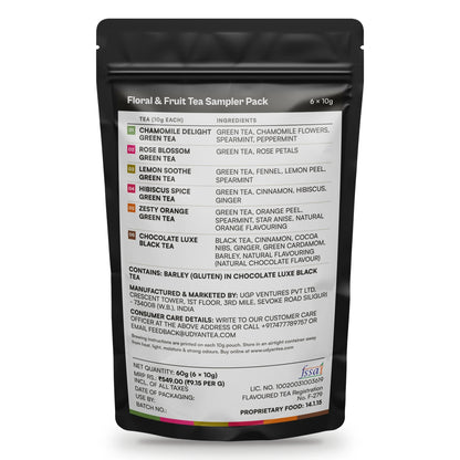 Floral & Fruit Tea Sampler Pack, back of the pack with the ingredients and label