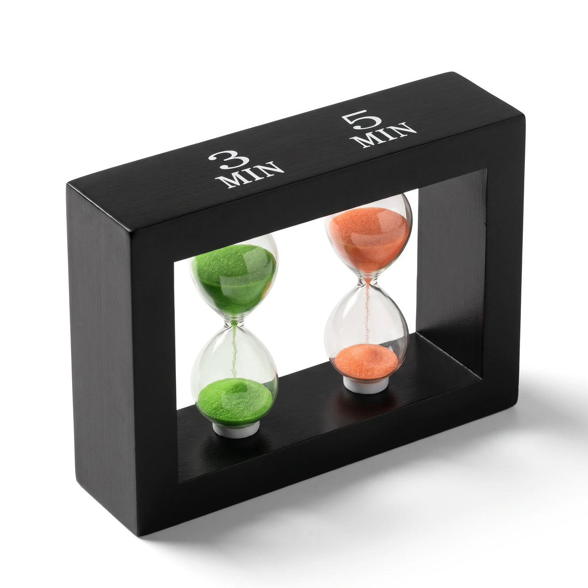 Happy Hour tea timer, 3 and 5 minute sand timers in a black wooden frame