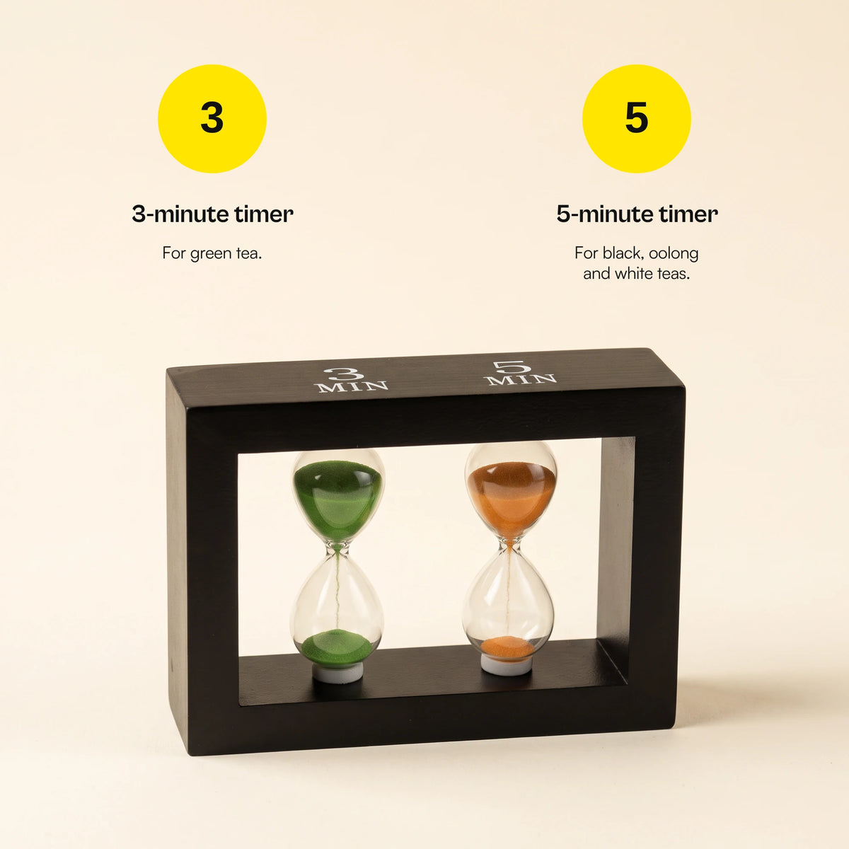 Happy Hour tea timer: 3-minute timer for green tea, 5-minute timer for black, oolong and white teas
