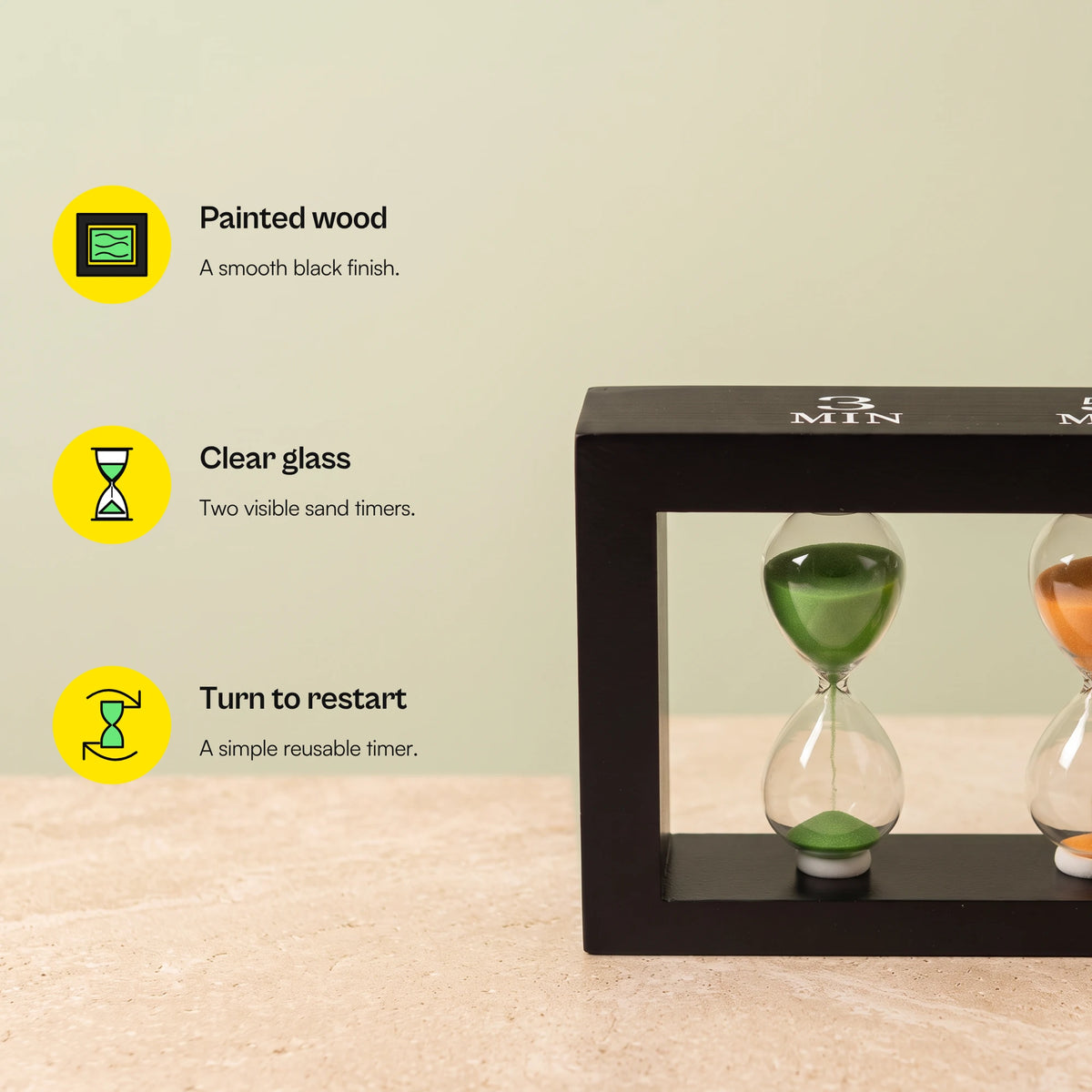 Happy Hour tea timer features: painted wood, clear glass, turn to restart