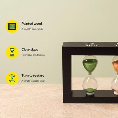 Happy Hour tea timer features: painted wood, clear glass, turn to restart