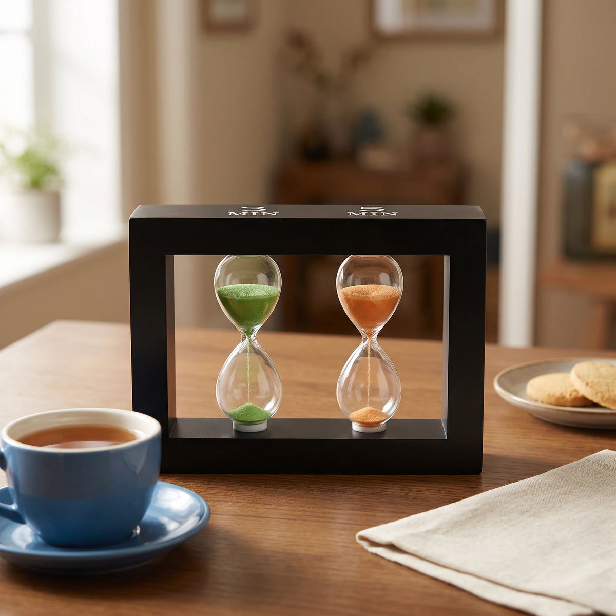 Happy Hour tea timer on a table with a cup of tea
