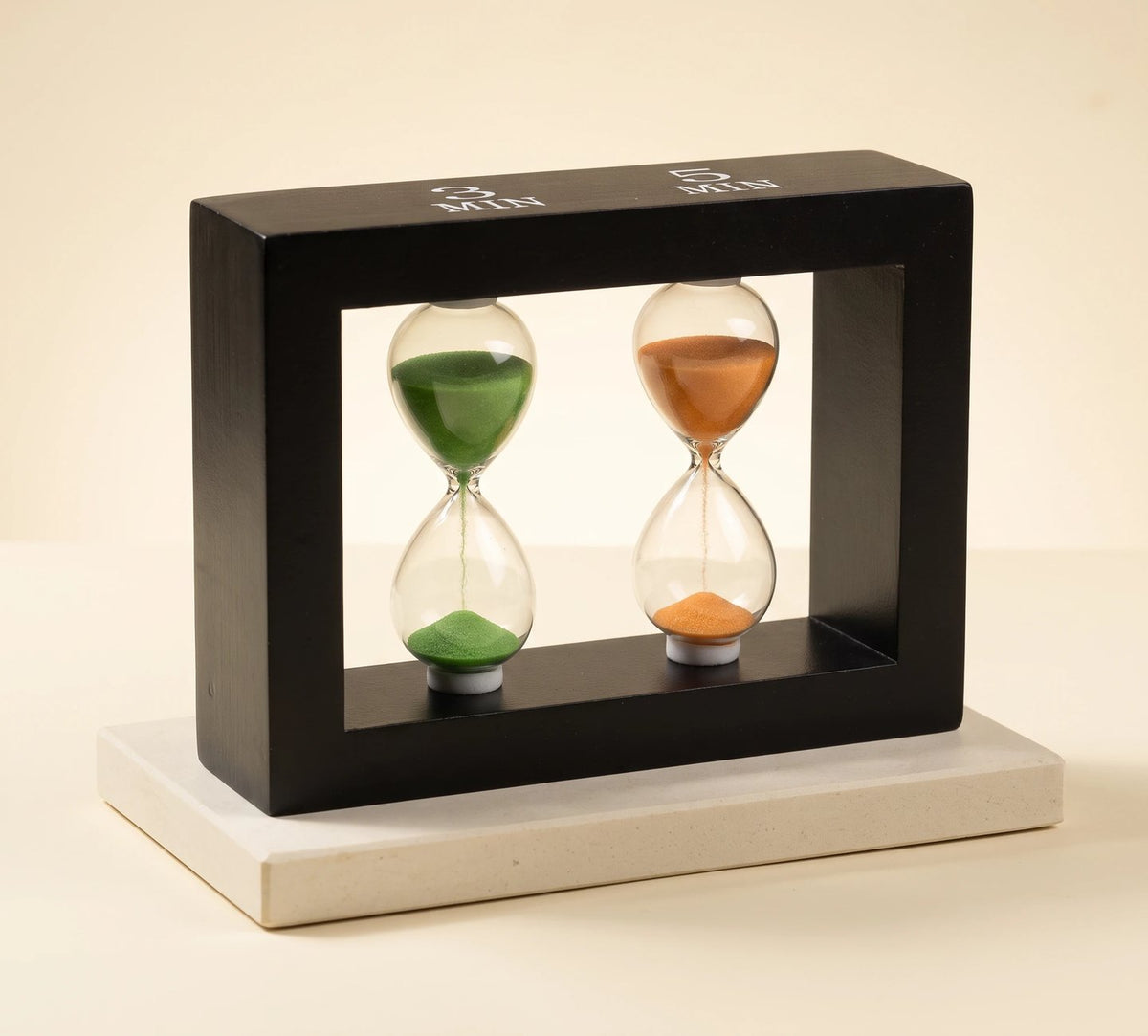 Happy Hour tea timer, front view on a stone base