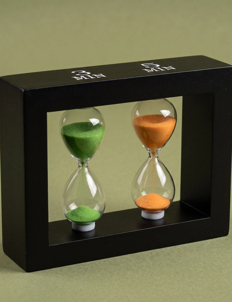 Happy Hour tea timer, close-up of the glass sand timers
