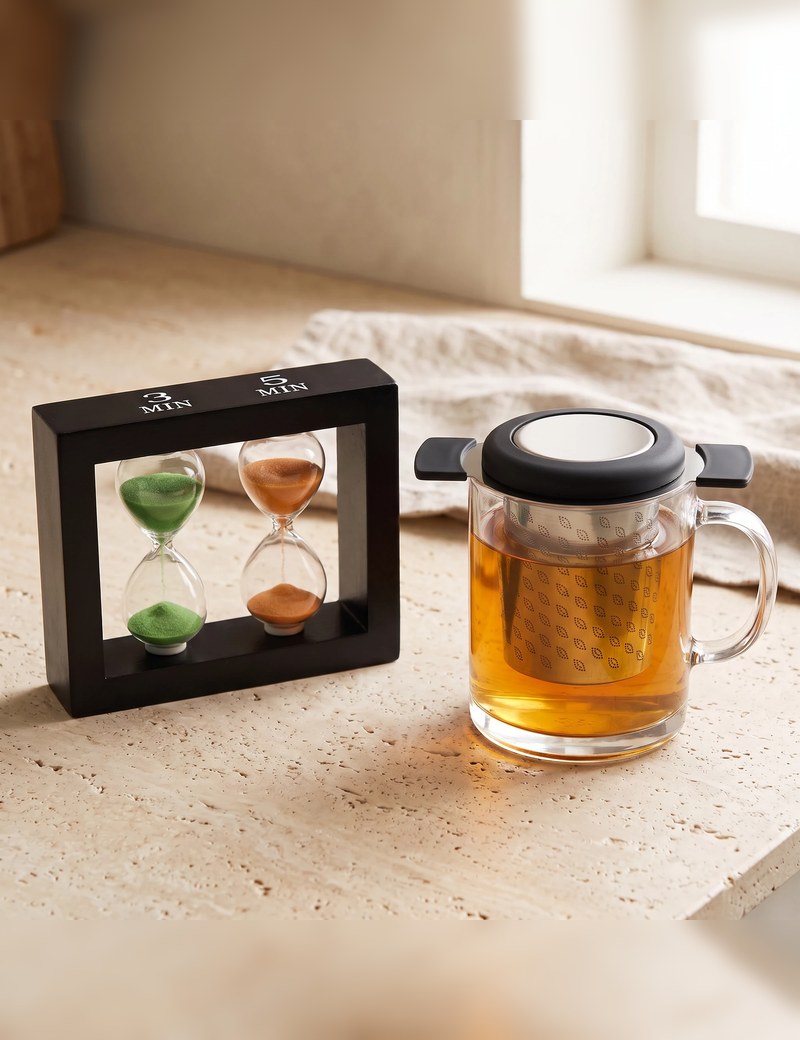 Happy Hour tea timer beside a mug of steeping tea