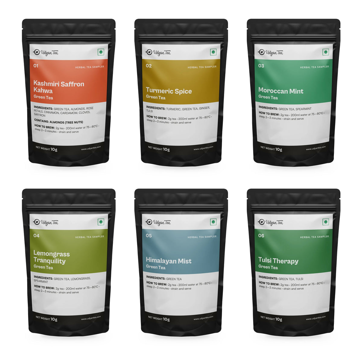 The six 10g pouches inside the Herbal Tea Sampler Pack