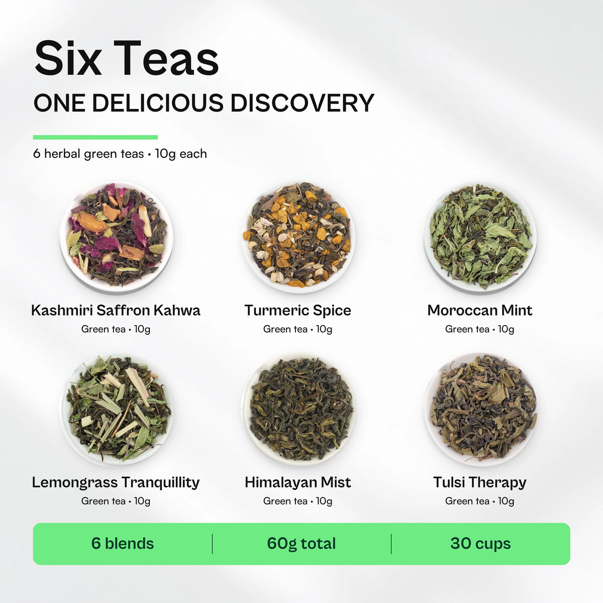 What's inside the Herbal Tea Sampler Pack: Kashmiri Saffron Kahwa, Turmeric Spice, Moroccan Mint, Lemongrass Tranquillity, Himalayan Mist and Tulsi Therapy