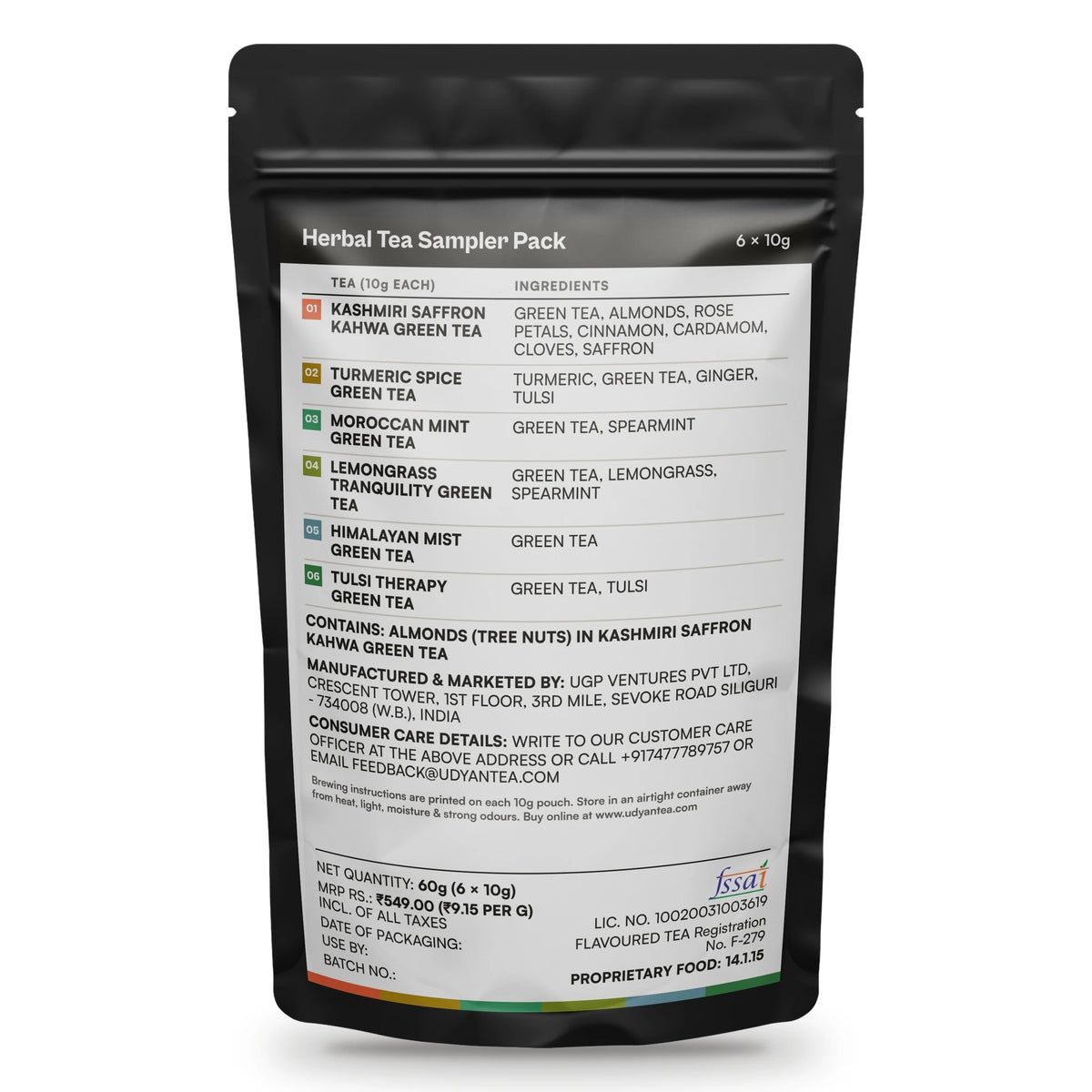 Herbal Tea Sampler Pack, back of the pack with the ingredients and label