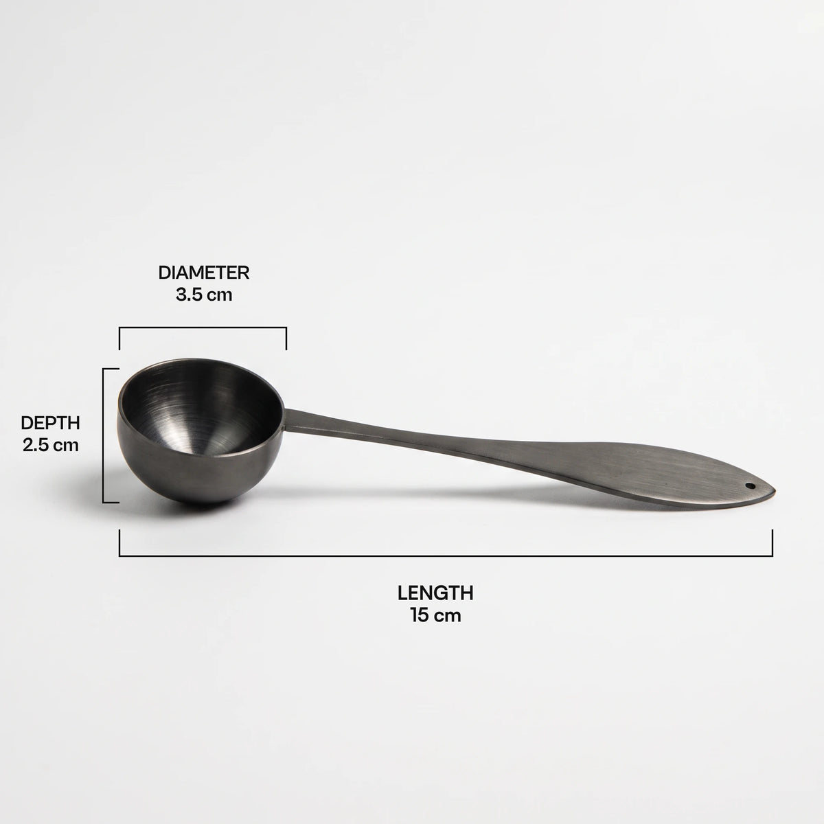 Ideal tea spoon with dimensions: length 15 cm, bowl diameter 3.5 cm, depth 2.5 cm