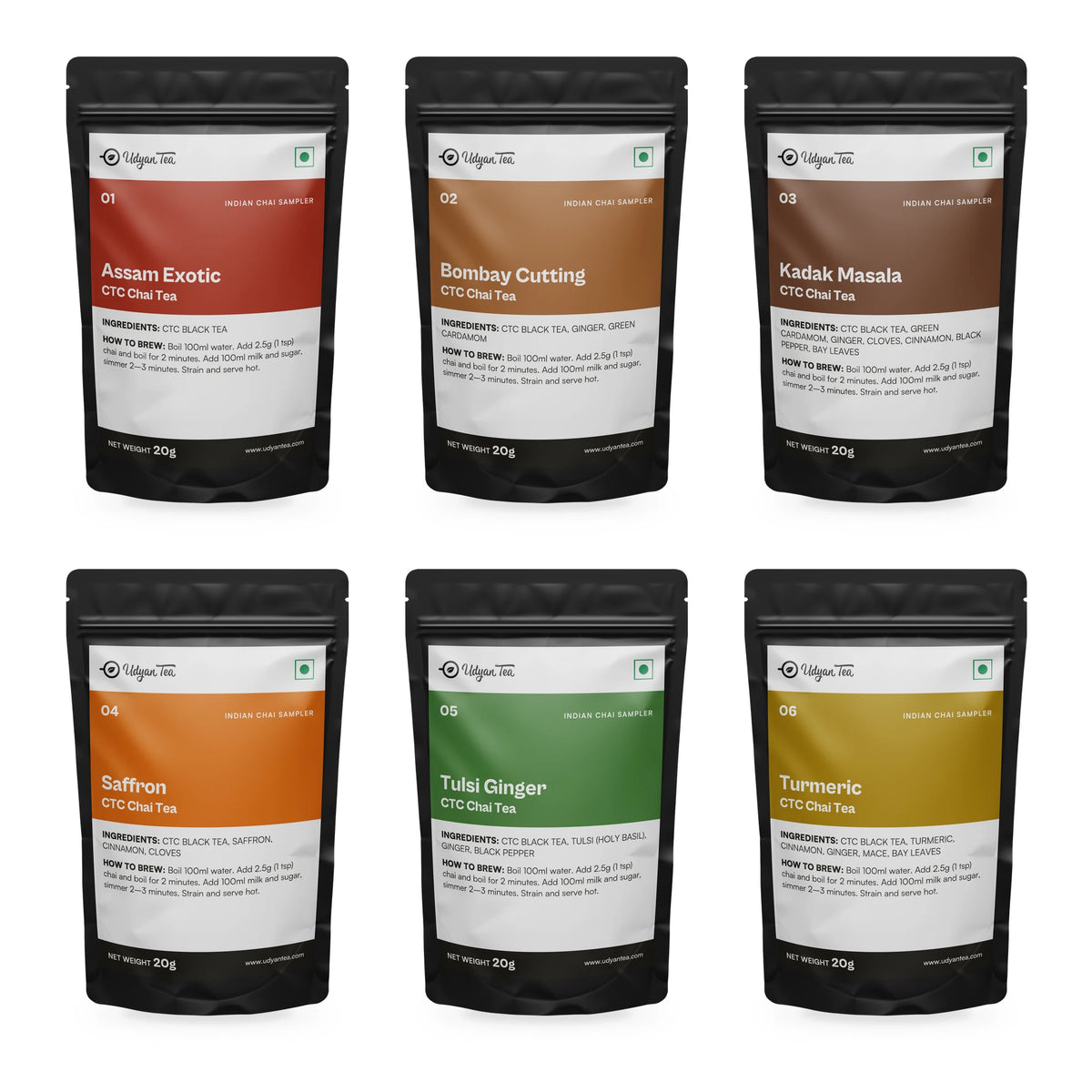 The six 20g pouches inside the Indian Chai Tea Sampler Pack