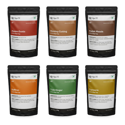 The six 20g pouches inside the Indian Chai Tea Sampler Pack
