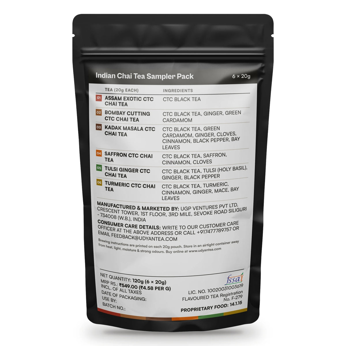 Indian Chai Tea Sampler Pack, back of the pack with the ingredients and label