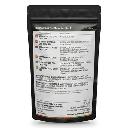 Indian Chai Tea Sampler Pack, back of the pack with the ingredients and label