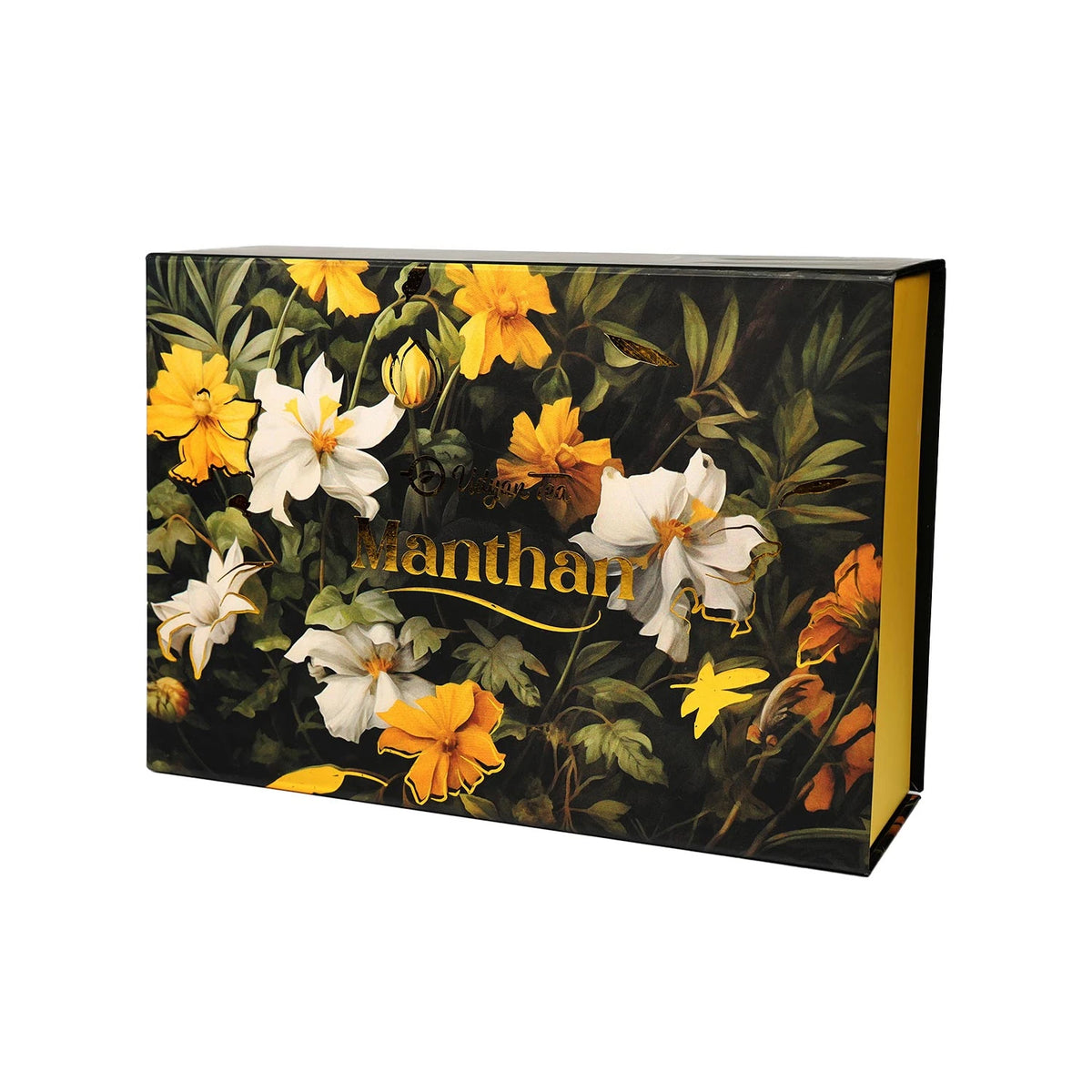 Manthan tea gift box, dark floral design with gold lettering