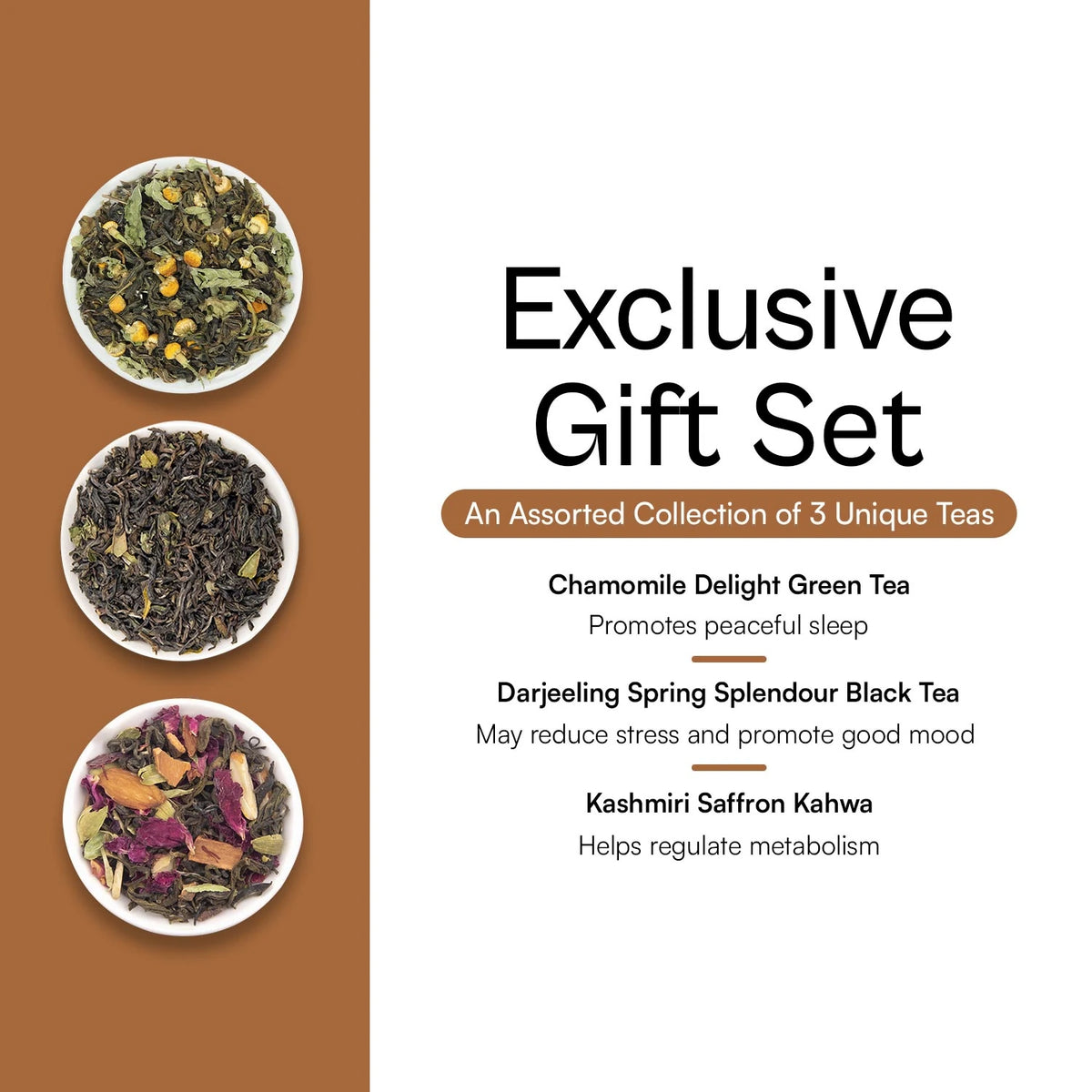 Manthan gift set: Chamomile Delight Green Tea, Darjeeling Spring Splendour Black Tea and Kashmiri Saffron Kahwa