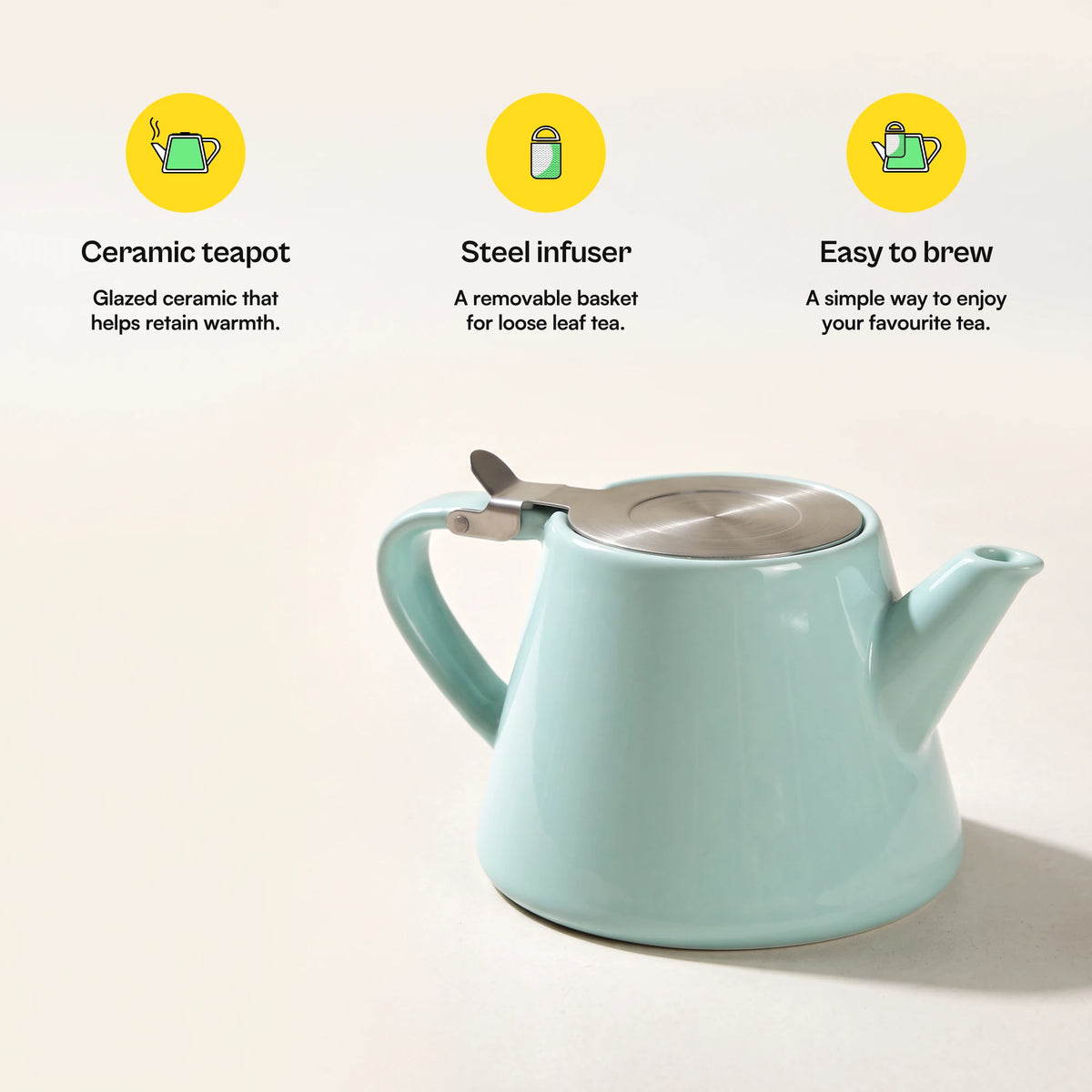 Muse ceramic teapot with infuser, Aqua Blue, with feature callouts