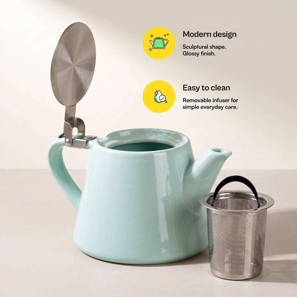 Muse ceramic teapot with infuser, Aqua Blue, lid open, infuser beside the teapot, with more feature callouts