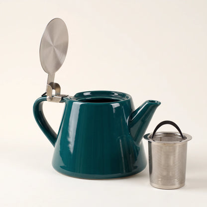 Muse ceramic teapot with infuser, Jade Green, lid open, infuser beside the teapot