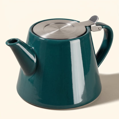 Muse ceramic teapot with infuser, Jade Green, close-up of the hinged steel lid