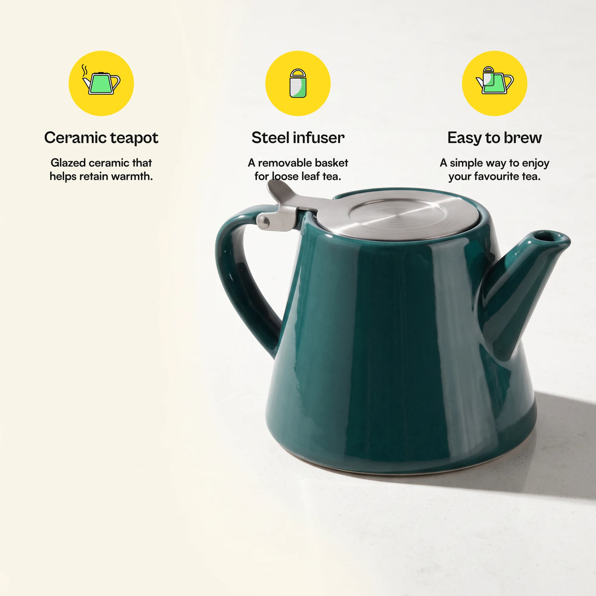 Muse ceramic teapot with infuser, Jade Green, with feature callouts