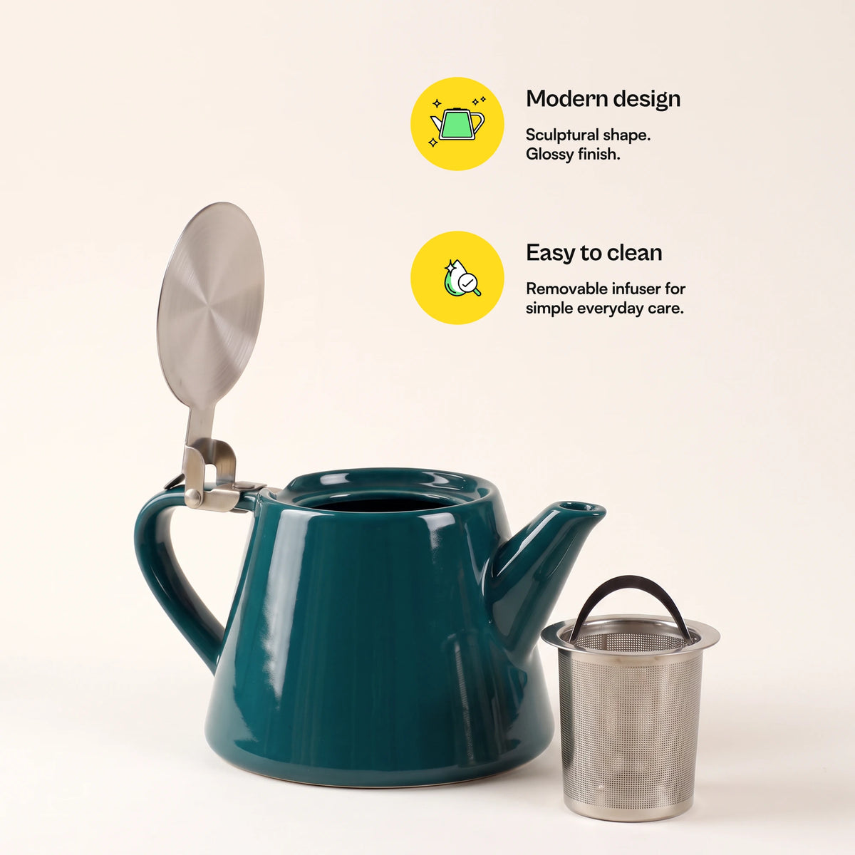 Muse ceramic teapot with infuser, Jade Green, lid open, infuser beside the teapot, with more feature callouts