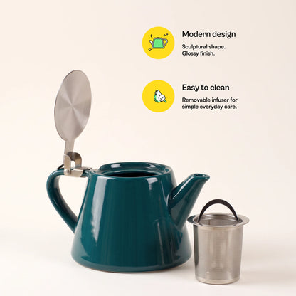 Muse ceramic teapot with infuser, Jade Green, lid open, infuser beside the teapot, with more feature callouts