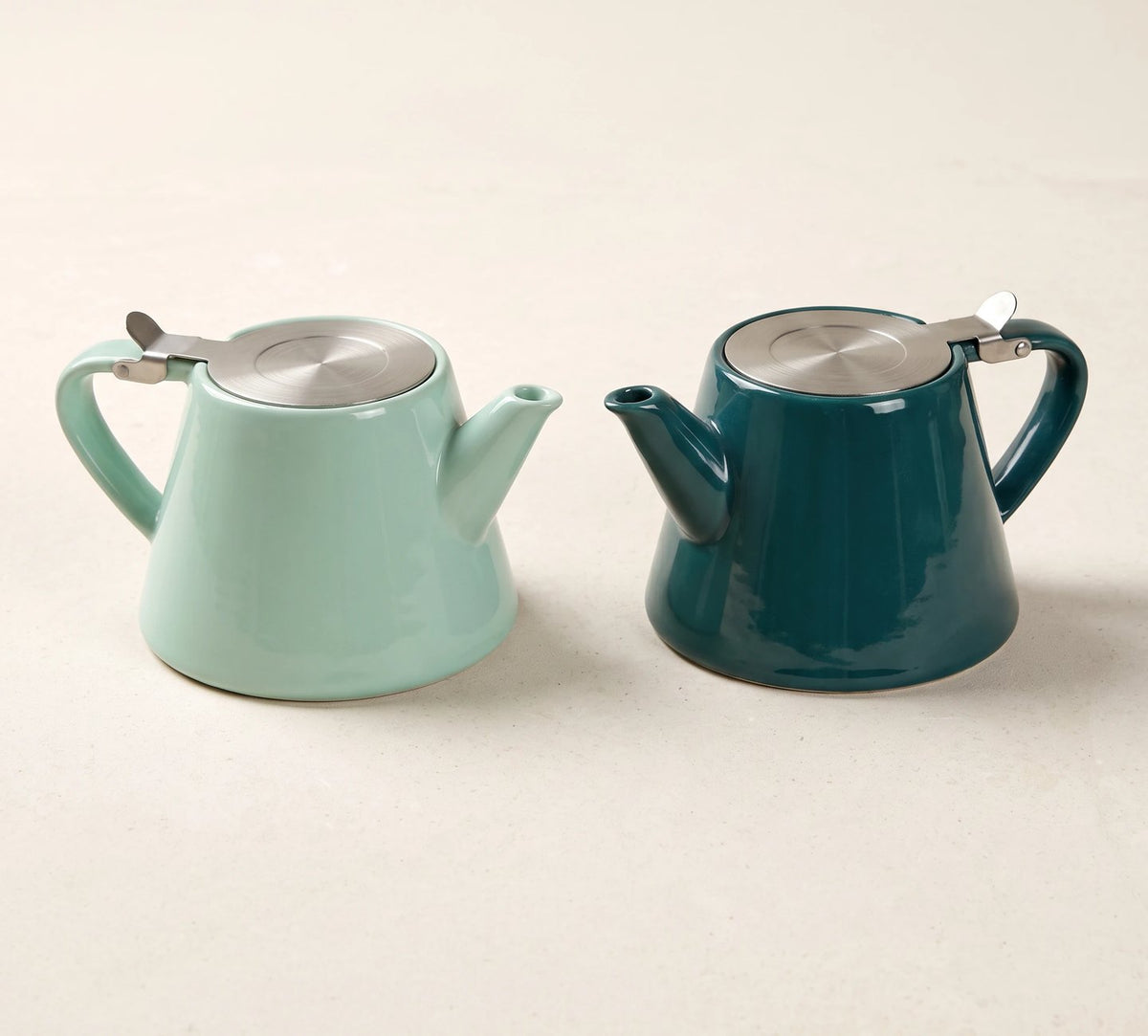 Muse teapots in Jade Green and Aqua Blue, side by side