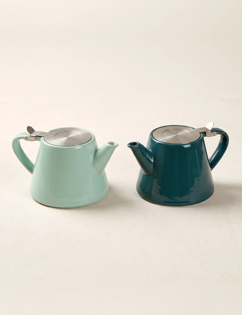 Muse teapots in Jade Green and Aqua Blue, side by side