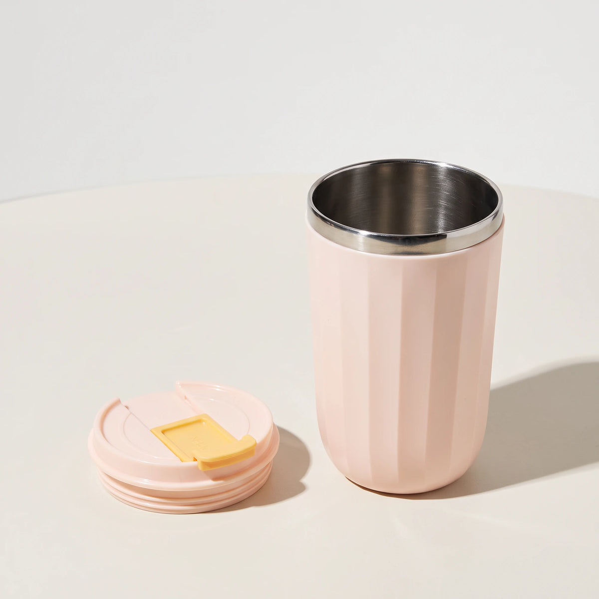 Opal travel tumbler, Blush Pink, lid off, stainless steel inside