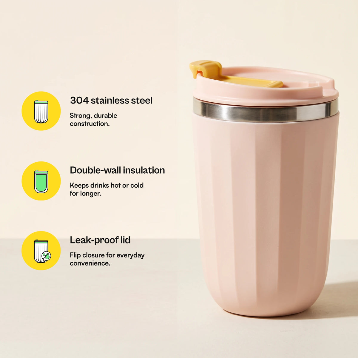 Opal travel tumbler, Blush Pink, with feature callouts