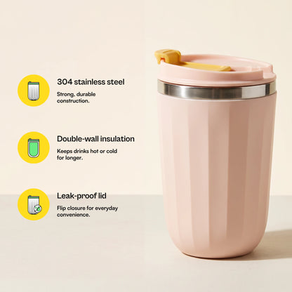 Opal travel tumbler, Blush Pink, with feature callouts