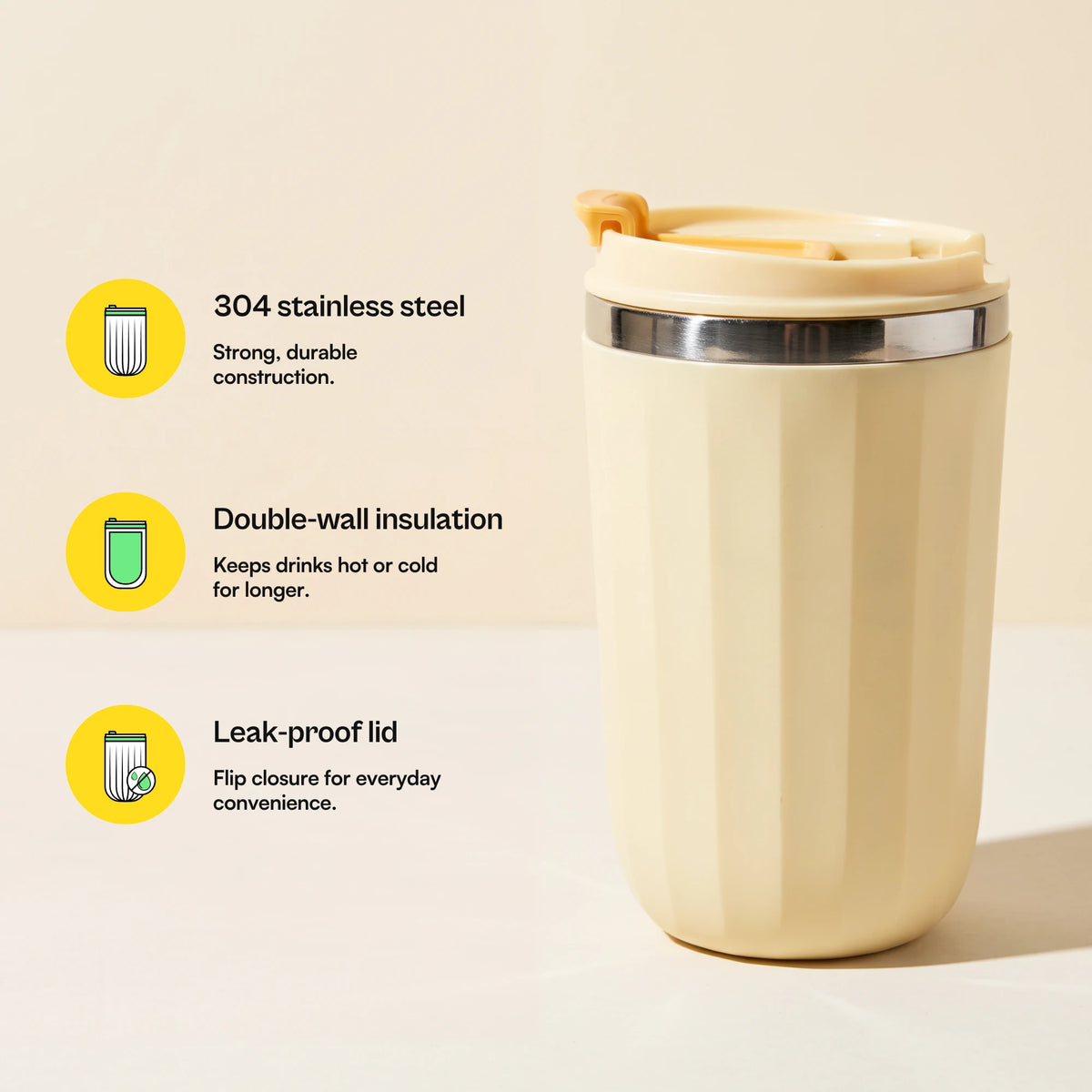 Opal travel tumbler, Honey Yellow, with feature callouts