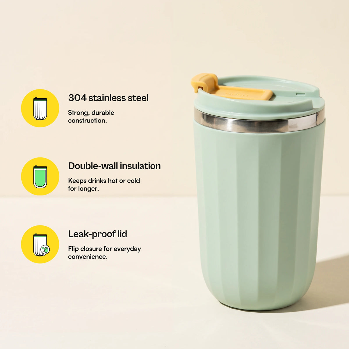Opal travel tumbler, Sage Green, with feature callouts