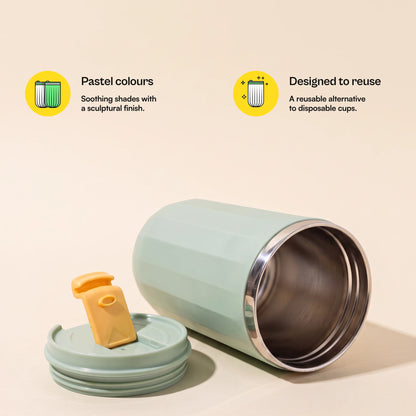 Opal travel tumbler, Sage Green, lid off, lying on its side, with more feature callouts