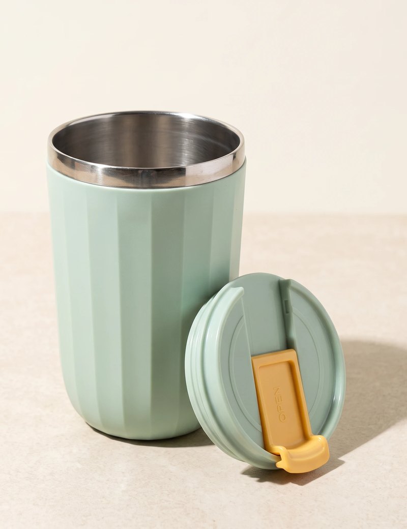 Opal travel tumbler, Sage Green, lid off, with the stainless steel inside