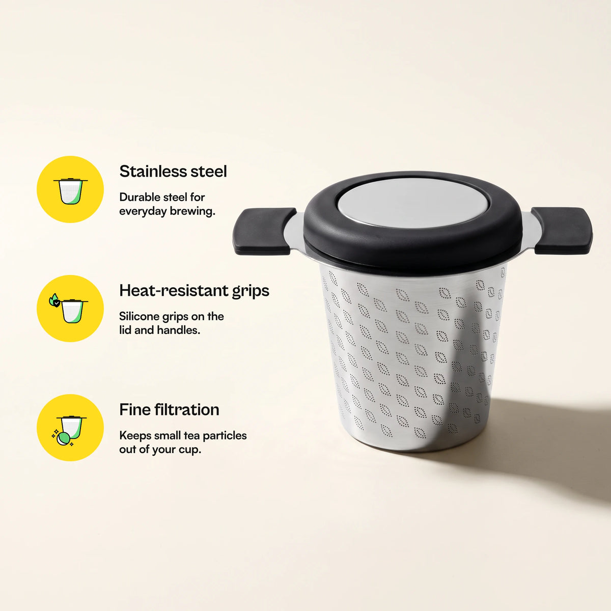 Perfect tea infuser, with feature callouts