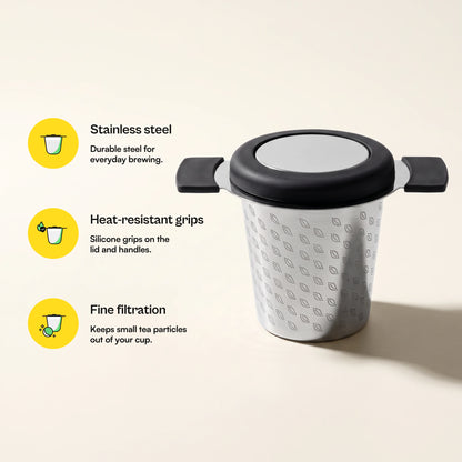 Perfect tea infuser, with feature callouts