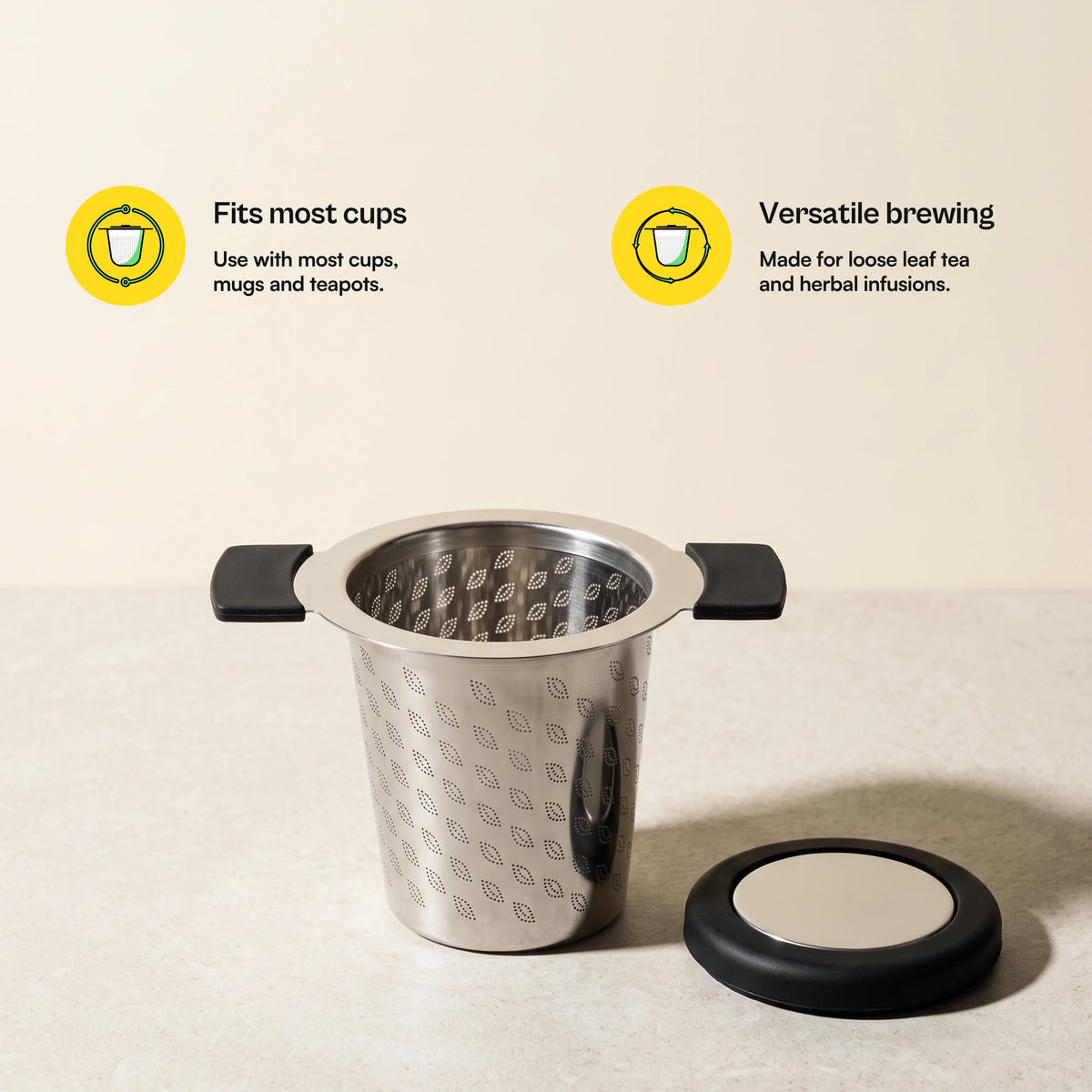 Perfect tea infuser, with lid beside it, with more feature callouts
