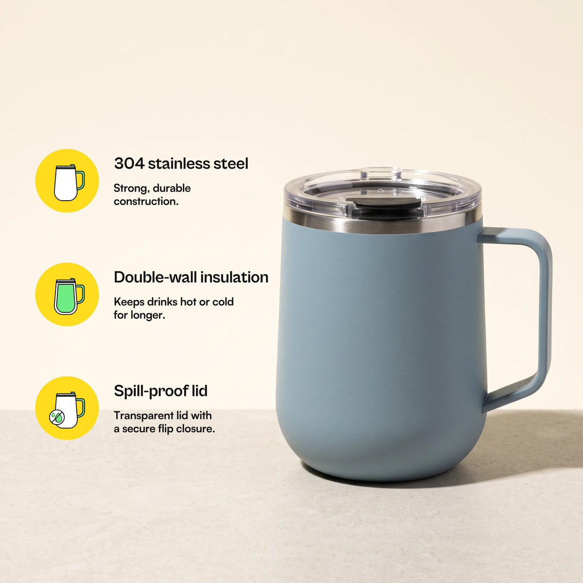 Pulse travel mug, Frost Blue, with feature callouts