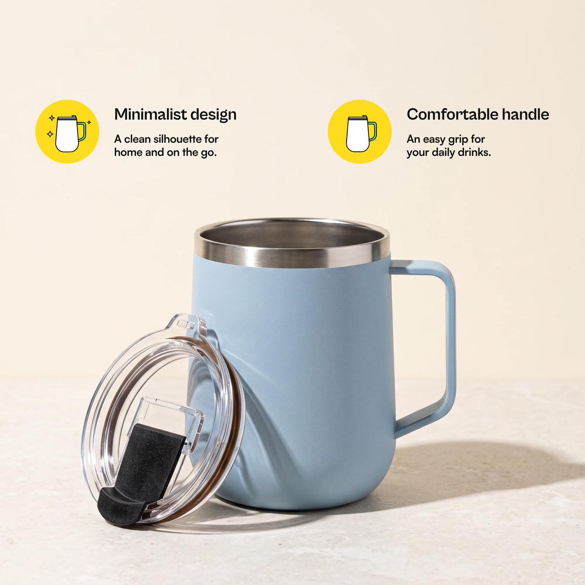 Pulse travel mug, Frost Blue, with lid removed, with more feature callouts