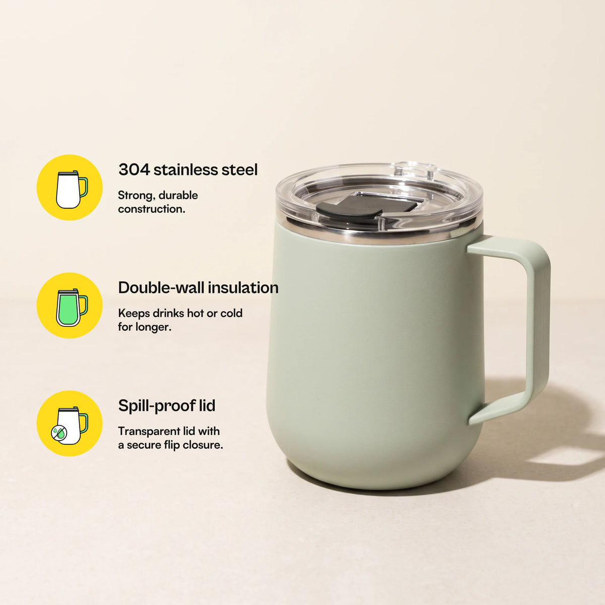 Pulse travel mug, Mint Green, with feature callouts