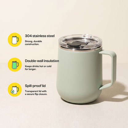 Pulse travel mug, Mint Green, with feature callouts