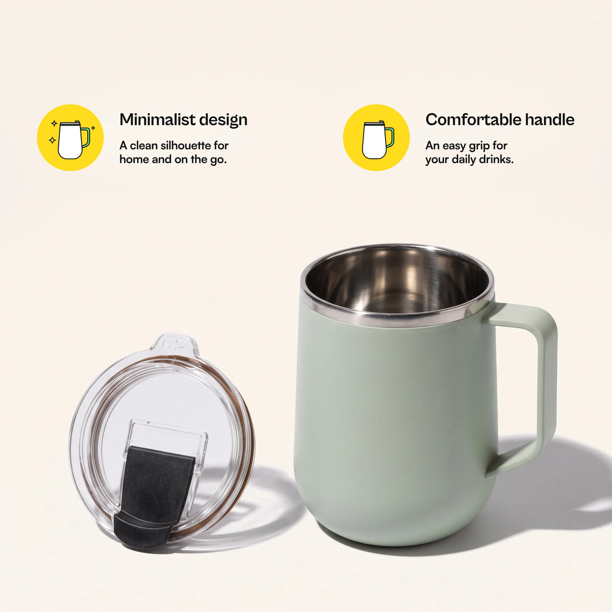 Pulse travel mug, Mint Green, with lid removed, with more feature callouts