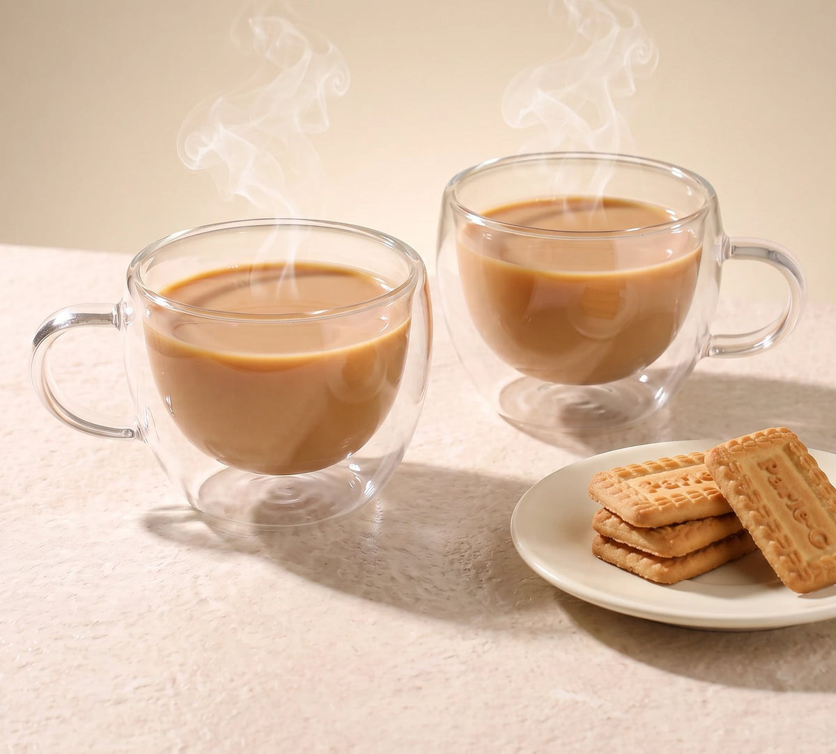 Stellar double wall glass tea cups with tea and biscuits